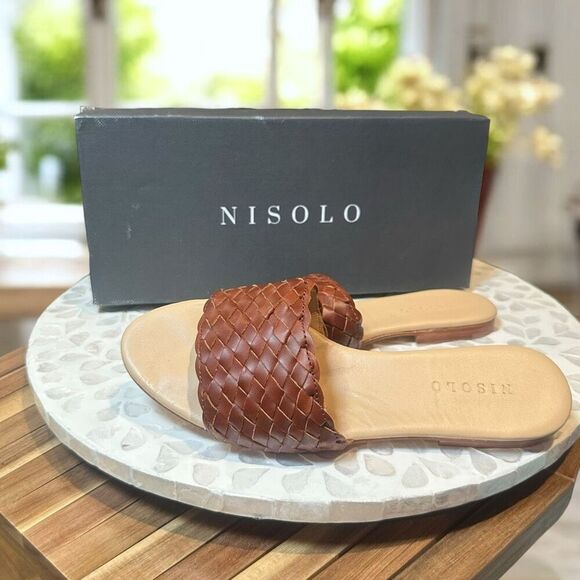 Nisolo Isla Woven Leather Slide Sandal  Brandy  Women Size 6.5  New in Box - Picture 3 of 13